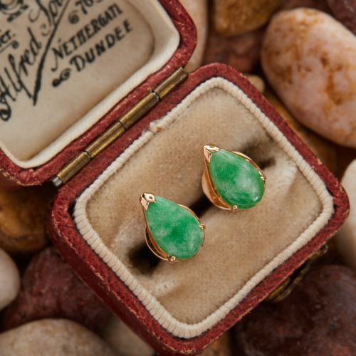 Pear Cut Jadeite Jade Earrings 18K Yellow Gold