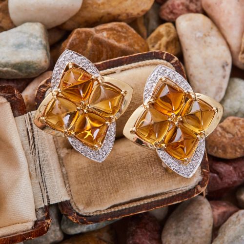 Sugarloaf Citrine & Diamond Earrings 14K Yellow Gold