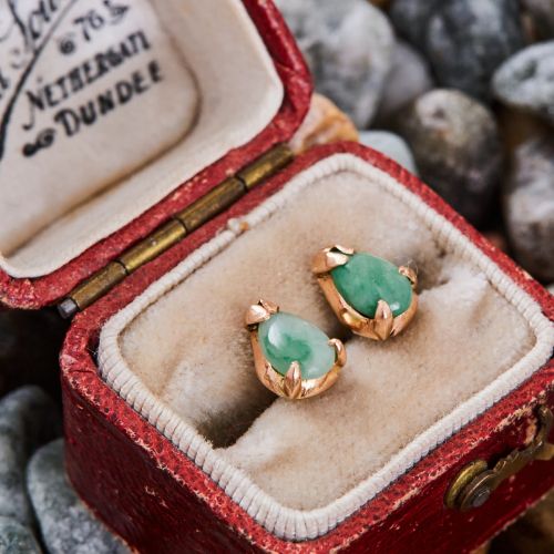 Vintage Pear Cabochon Jade Earrings 18K Yellow Gold