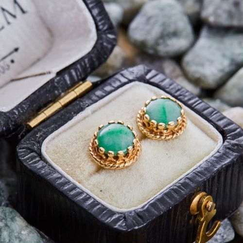 Lovely Round Cabochon Jade Earrings 14K Yellow Gold