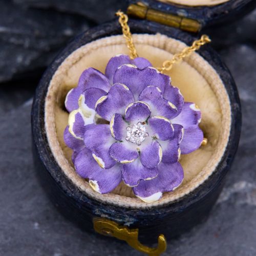 Pretty Diamond Enameled Flower Brooch Pin Pendant Necklace 14K Yellow Gold