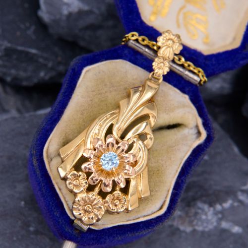 Pretty Floral Blue Zircon Pendant Necklace 14K Yellow & Rose Gold