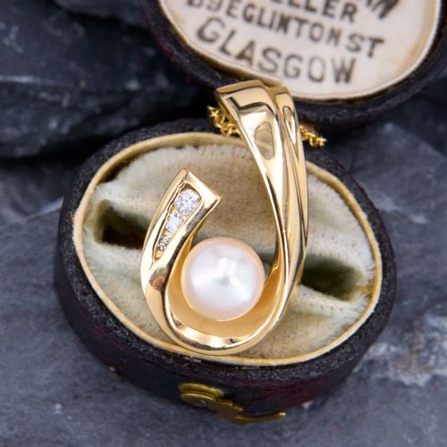 Lovely Swooshing Diamond Pearl Pendant 14K Yellow Gold
