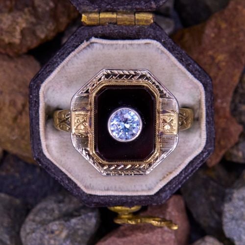 Vintage Onyx Ring w/ Lab Created Blue Spinel Two Tone Gold