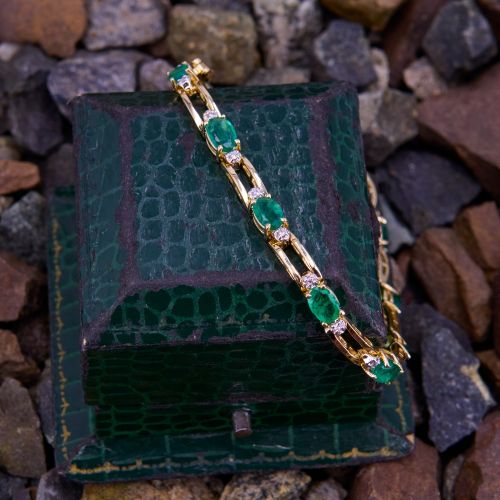 Oval Emerald & Diamond Bracelet 14K Yellow Gold