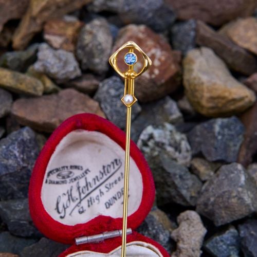 Antique Sapphire Stick Pin 14K Yellow Gold