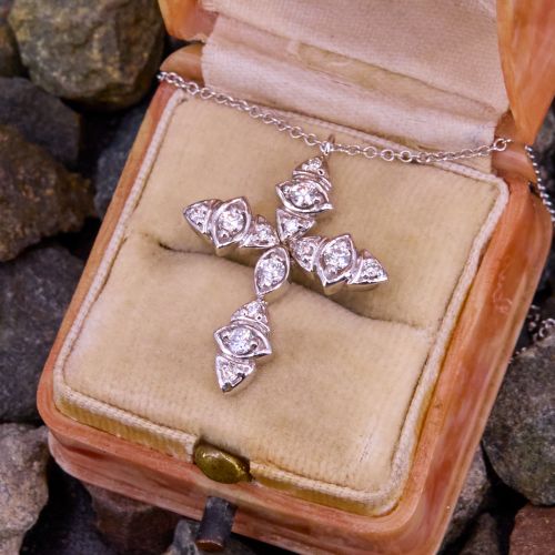 Stylized Diamond Cross Pendant Necklace 14K White Gold