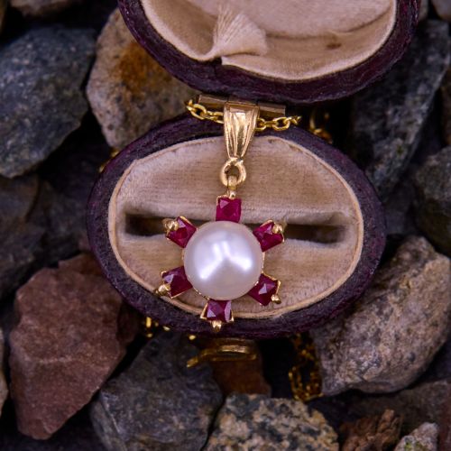 French Cut Ruby Halo Pearl Pendant 14K Yellow Gold