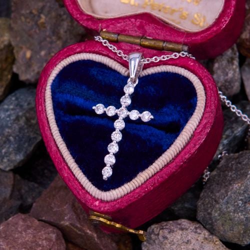 Petite Diamond Cross Pendant Necklace 14K White Gold