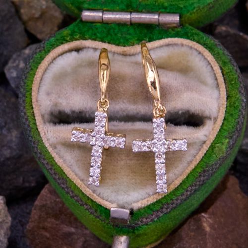 Petite Diamond Cross Dangle Earrings 14K Yellow Gold