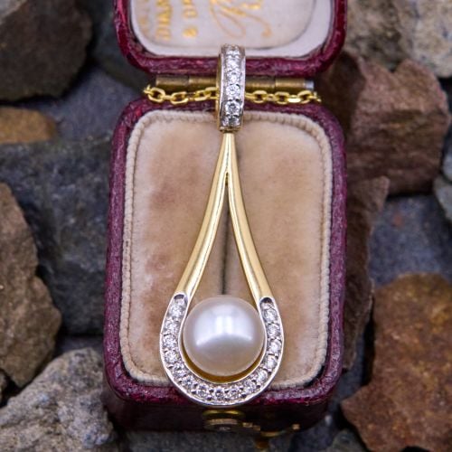 Pearl Pendant Necklace w/ Diamond Accents 14K Yellow Gold
