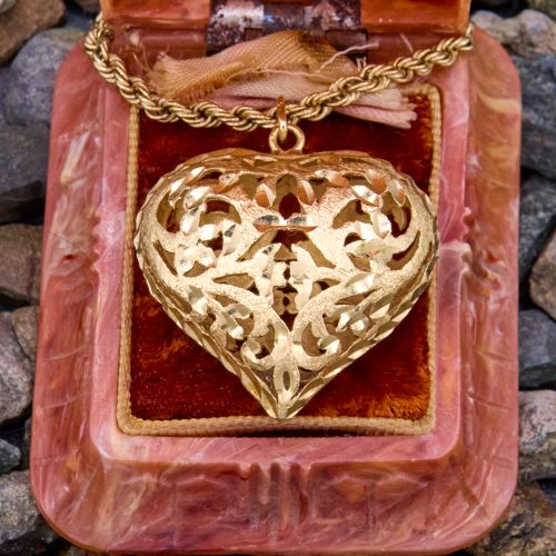 Large Puffed Heart Pendant Necklace 14K Gold 24-Inch