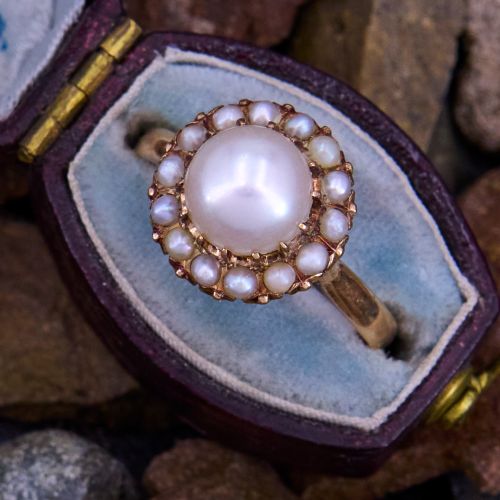 Vintage Pearl Halo Ring 14K Yellow Gold
