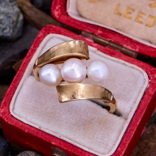 Three Stone Pearl Bypass Ring 14K Yellow Gold