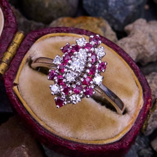 Navette Motif Ruby & Diamond Halo Ring 14K White Gold 