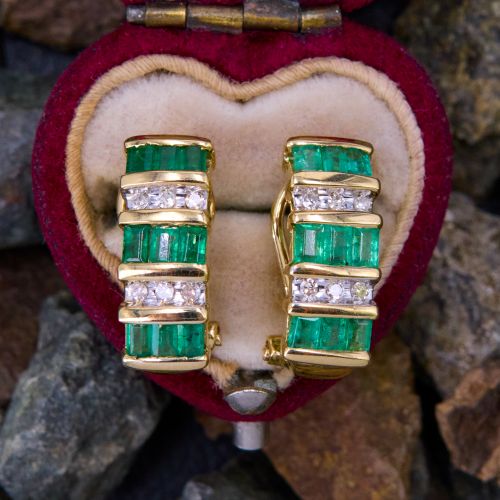 Alternating Emerald & Diamond Earrings 14K Yellow Gold