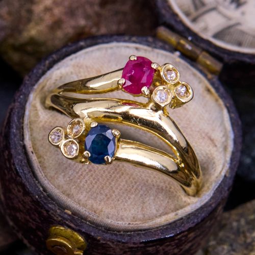 Ruby Sapphire Bypass Ring w/ Diamond Accents 18K Yellow Gold