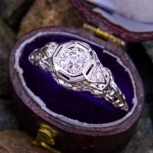 Filigree Old Euro Diamond Engagement Ring 18K White Gold