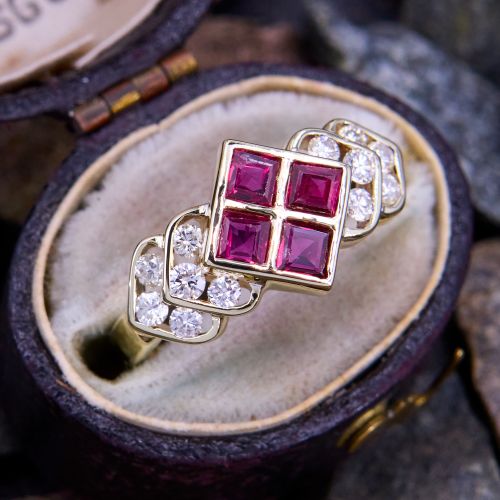 Sparkling Ruby Ring w/ Diamond Accented Shoulders 14K Yellow Gold