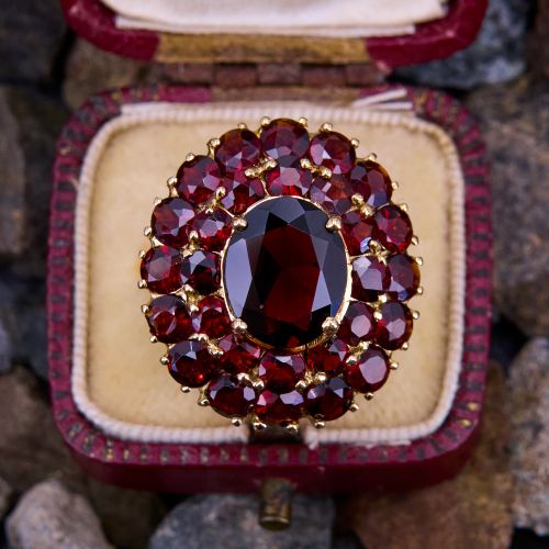Vintage Double Garnet Halo Cocktail Ring 18K Yellow Gold