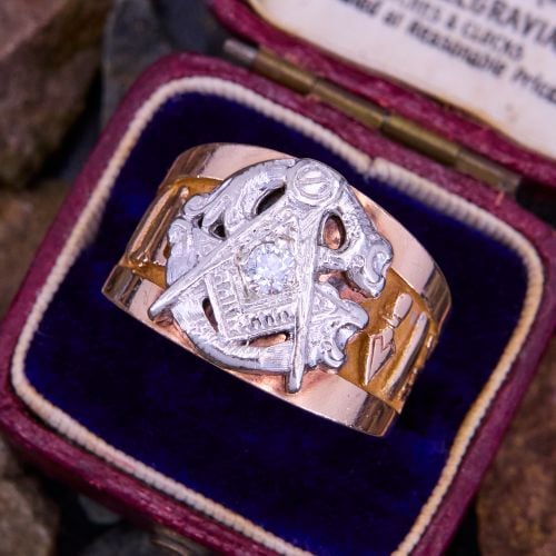 Two Tone Men's Diamond Masonic Ring Rose Gold