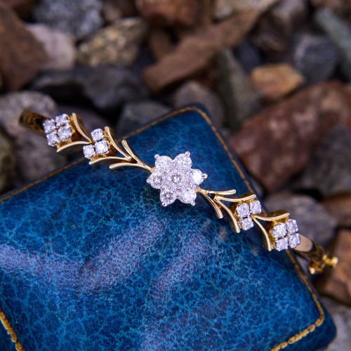 Petite Floral Motif Diamond Bangle Bracelet 18K Yellow Gold