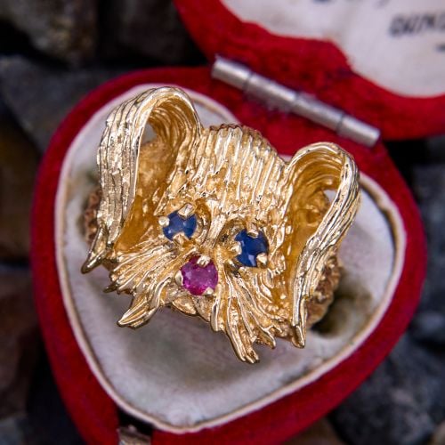 Playful Dog Ruby & Sapphire Ring 14K Yellow Gold