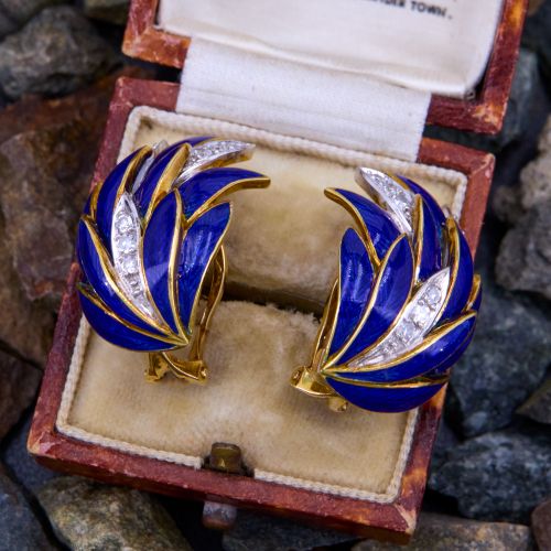 Vintage Blue Enamel & Diamond Feather Earrings 18K Yellow Gold