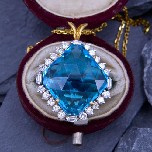 Diamond Halo Blue Topaz Pendant Necklace 14K Yellow Gold