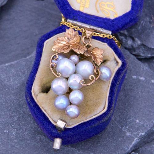 Grapes Motif Saltwater Pearl Pendant Necklace Rosy Yellow Gold