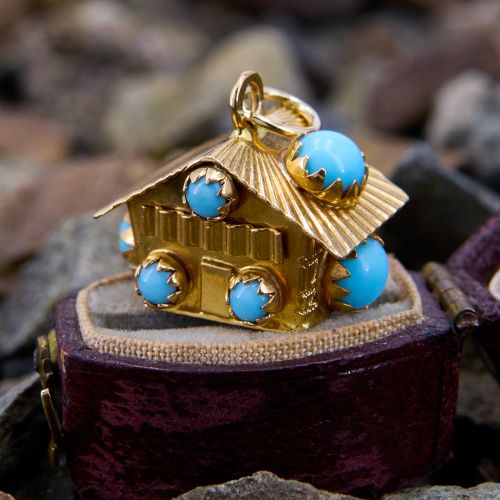 Adorable Blue Glass House Charm Pendant Necklace 18K Yellow Gold