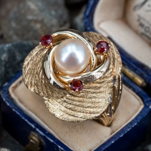 Pearl Cocktail Ring w/ Garnet Accents 14K Yellow Gold