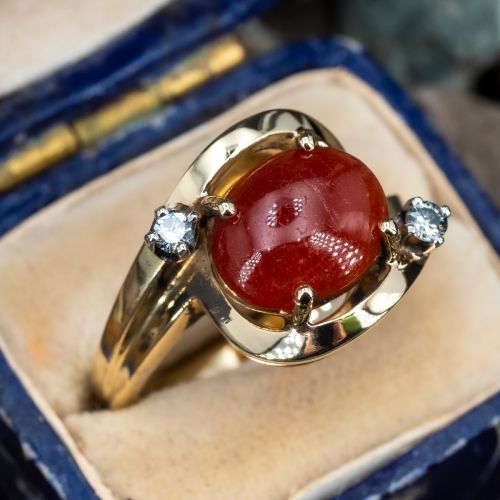 Oval Cabochon Oxblood Jade Ring w/ Accents 14K Yellow Gold