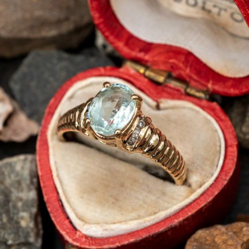 Oval Cut Aquamarine & Diamond Ring 14K Yellow Gold