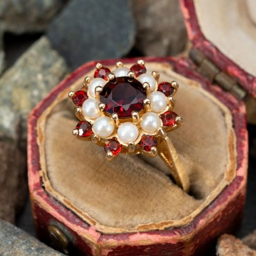 Delightful Round Garnet Ring w/ Pearl Accents 14K Yellow Gold