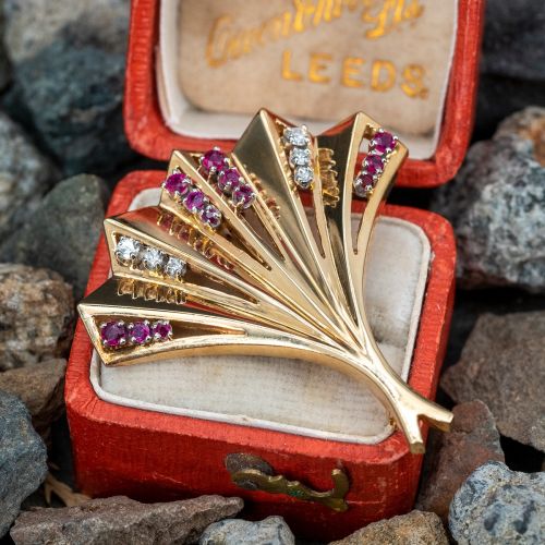 Beautiful Ruby & Diamond Folding Fan Brooch Pin 14K Yellow Gold