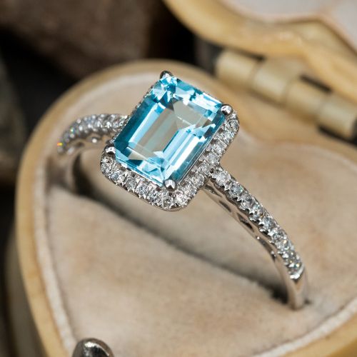 Emerald Cut Aquamarine & Diamond Ring 14K White Gold