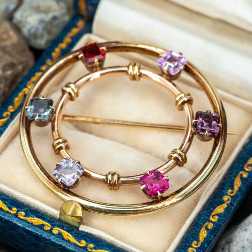 Multi-Color Spinel Circle Brooch 14K Yellow Gold
