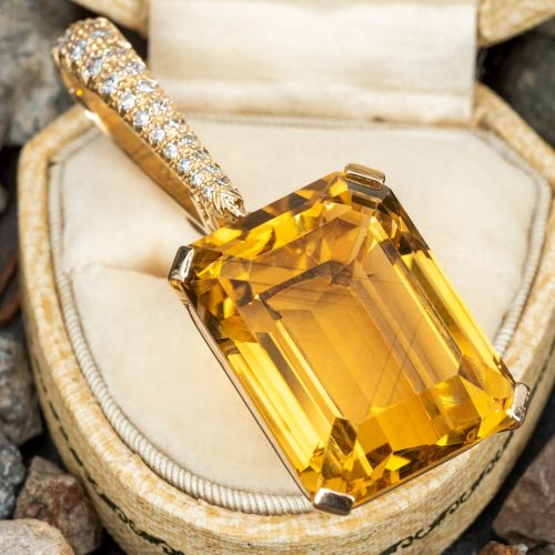 Large Emerald Cut Citrine Pendant w/ Diamond Accents 14K Yellow Gold