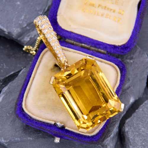 Large Emerald Cut Citrine Pendant w/ Diamond Accents 14K Yellow Gold