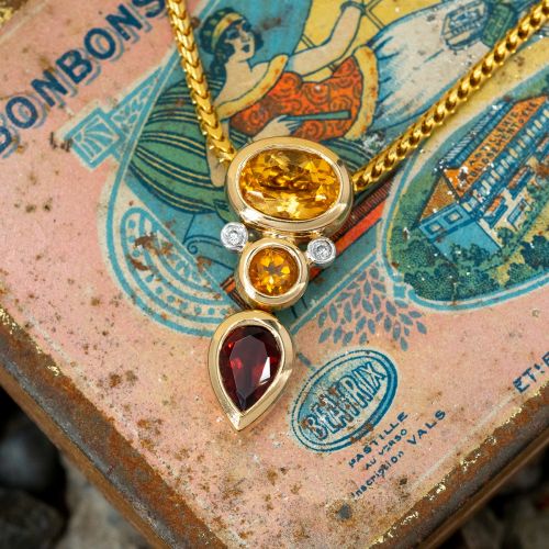 Multi-Color Citrine & Diamond Pendant Necklace 14K Yellow Gold