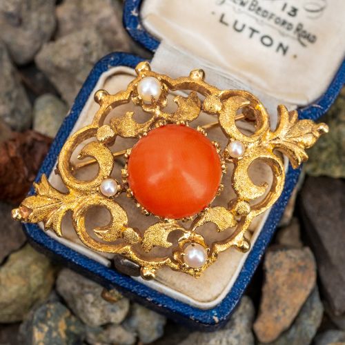 Lovely Scrolling Coral Brooch Pin w/ Pearl Accents 14K Yellow Gold