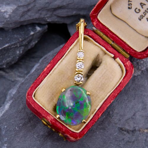 Semi-Black Opal & Diamond Pendant Necklace 18K Yellow Gold