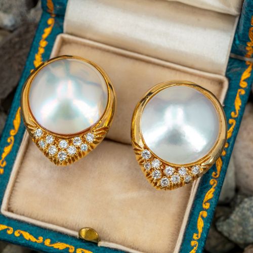 Mabe Pearl & Diamond Earrings 18K Yellow Gold