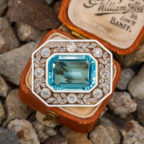 Antique Jewelry 1920s Aquamarine & Diamond Brooch 14K Yellow Gold & Platinum