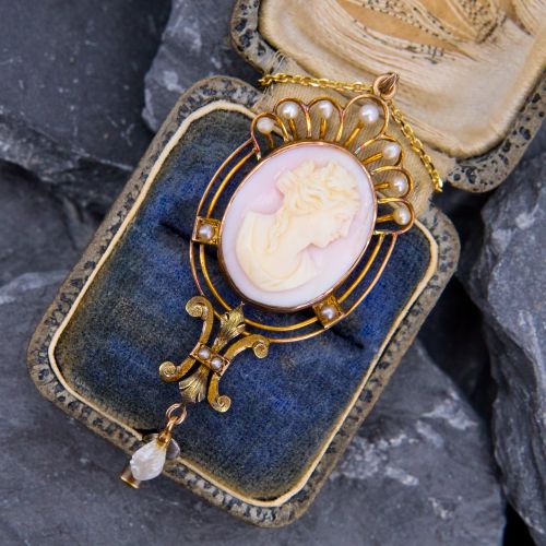Fantastic Art Deco Cameo Pendant Necklace w/ Accent Pearls Yellow Gold