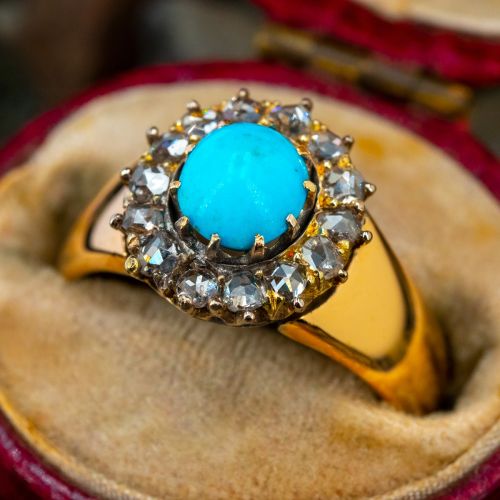 Pretty Antique Oval Cabochon Turquoise Ring 14K Yellow Gold