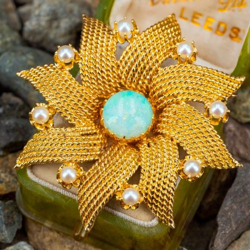 Opal & Pearl Flower Brooch/Pendant 14K Yellow Gold