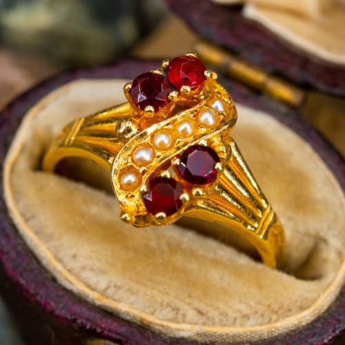 Antique Garnet & Seed Pearl Ring 14K Yellow Gold