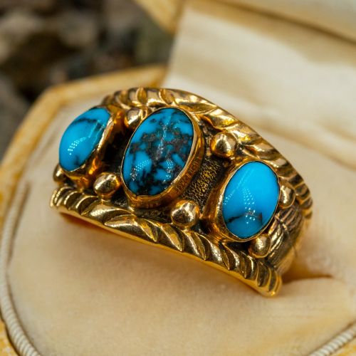 Vintage Three Stone Turquoise Wide Band Ring 14K Yellow Gold